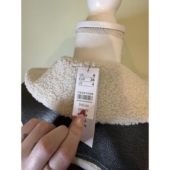 NWT! TopShop Faux Leather & Faux Shearling Dark Green Moto Jacket Size 4 - Picture 8 of 9